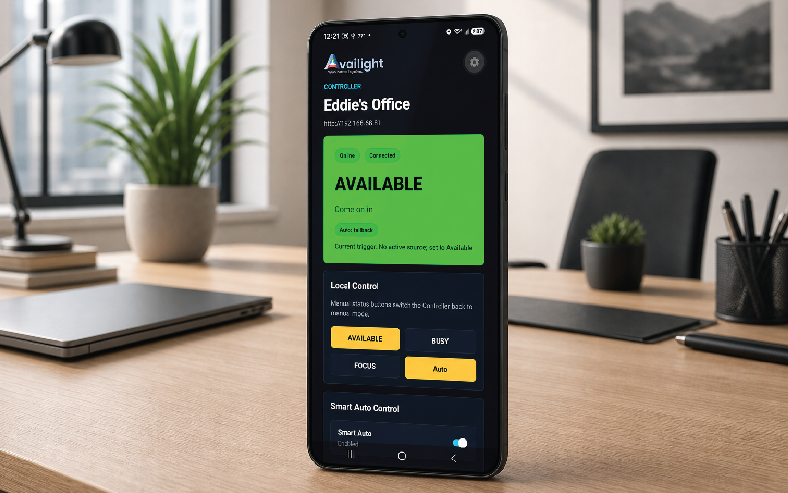 Availight mobile app showing local status controls
